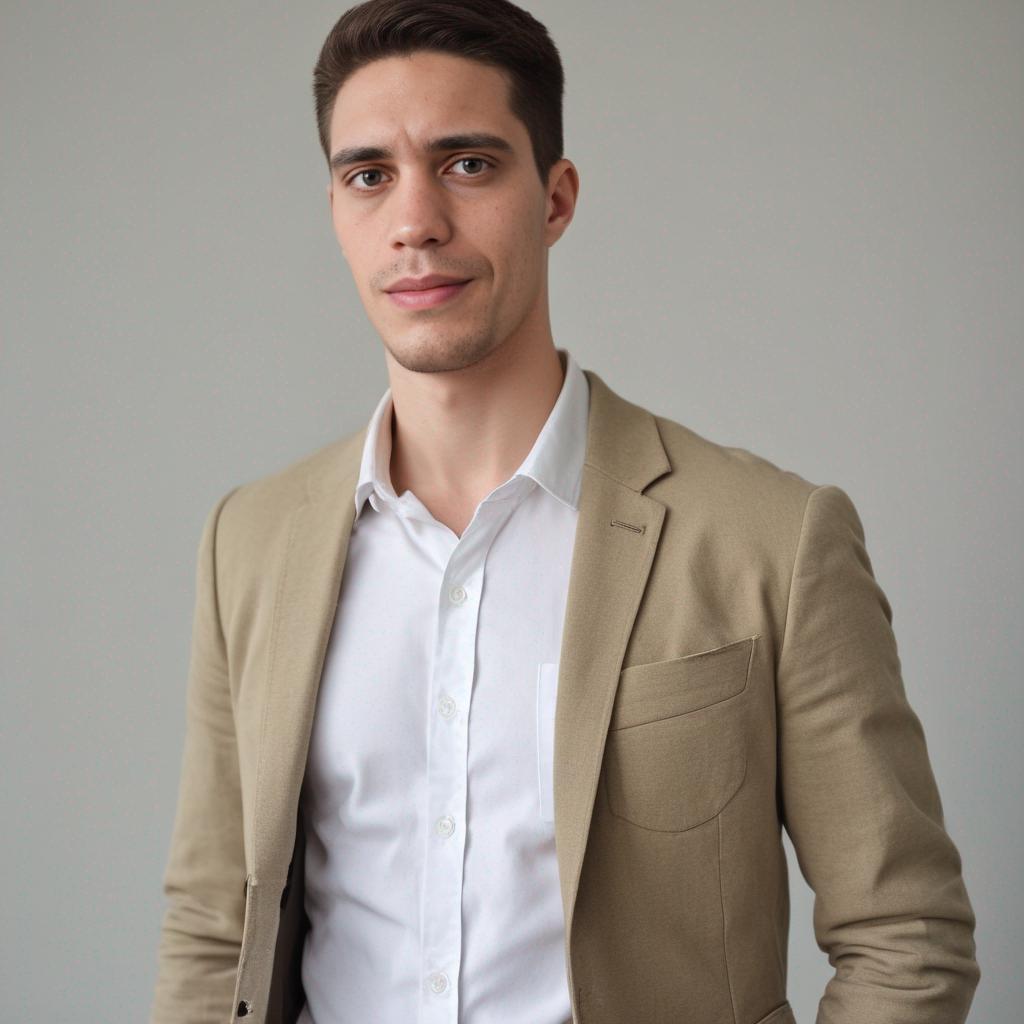 The image shows a young man with short brown hair, wearing a light beige blazer over a white button-down shirt. He is standing against a neutral background, with a calm and confident expression. The outfit and setting suggest a professional or formal context.